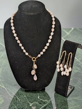 Handmade Freshwater Pearls Necklace and Earring Set with Golden Accents